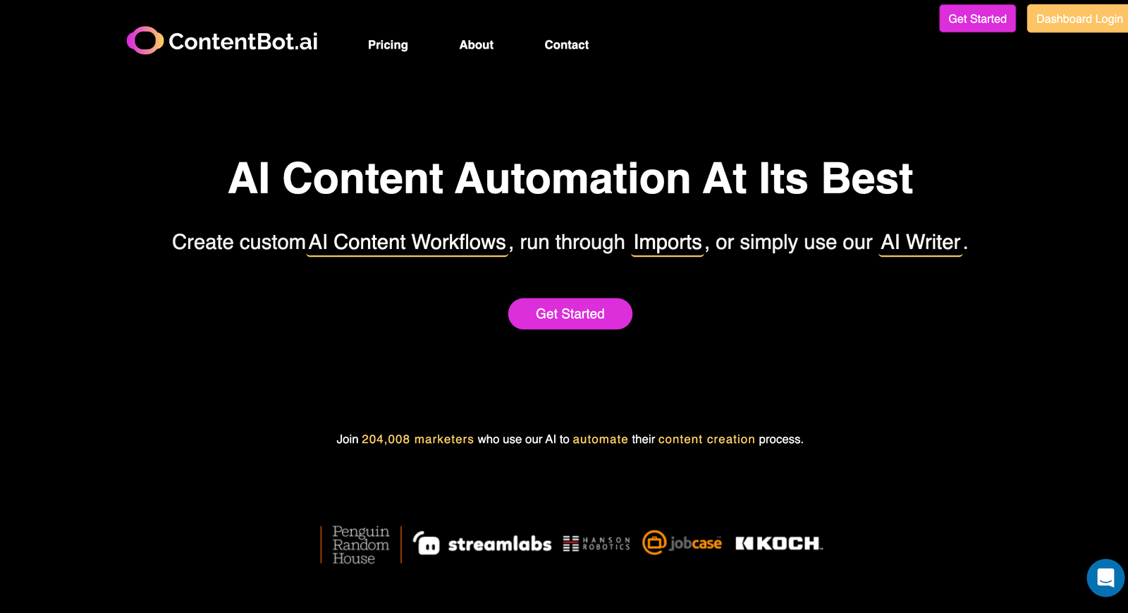 Homepage of ContentBot.ai showcasing 'AI Content Automation at its Best,' highlighting features like AI Content Workflows, Imports, and AI Writer with a call-to-action button to 'Get Started.'